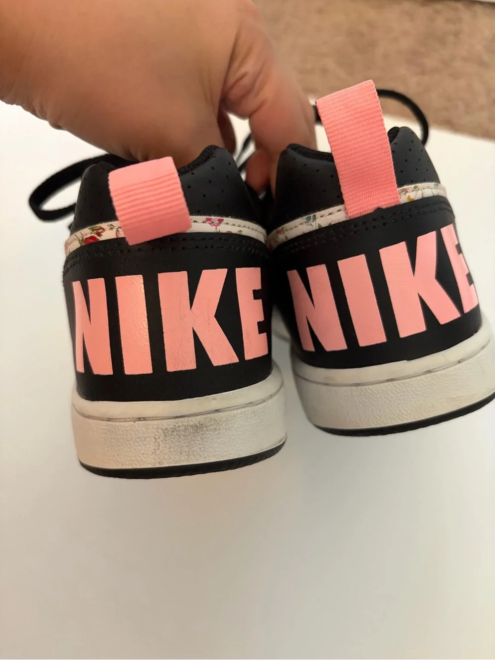 Nike Kids Black Sneakers with Floral White Swoosh